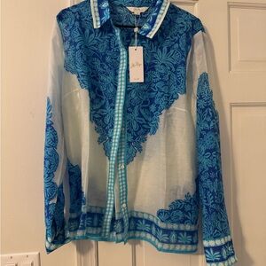 NWT Lilly Pulitzer Blue and White Patterned Blouse XL